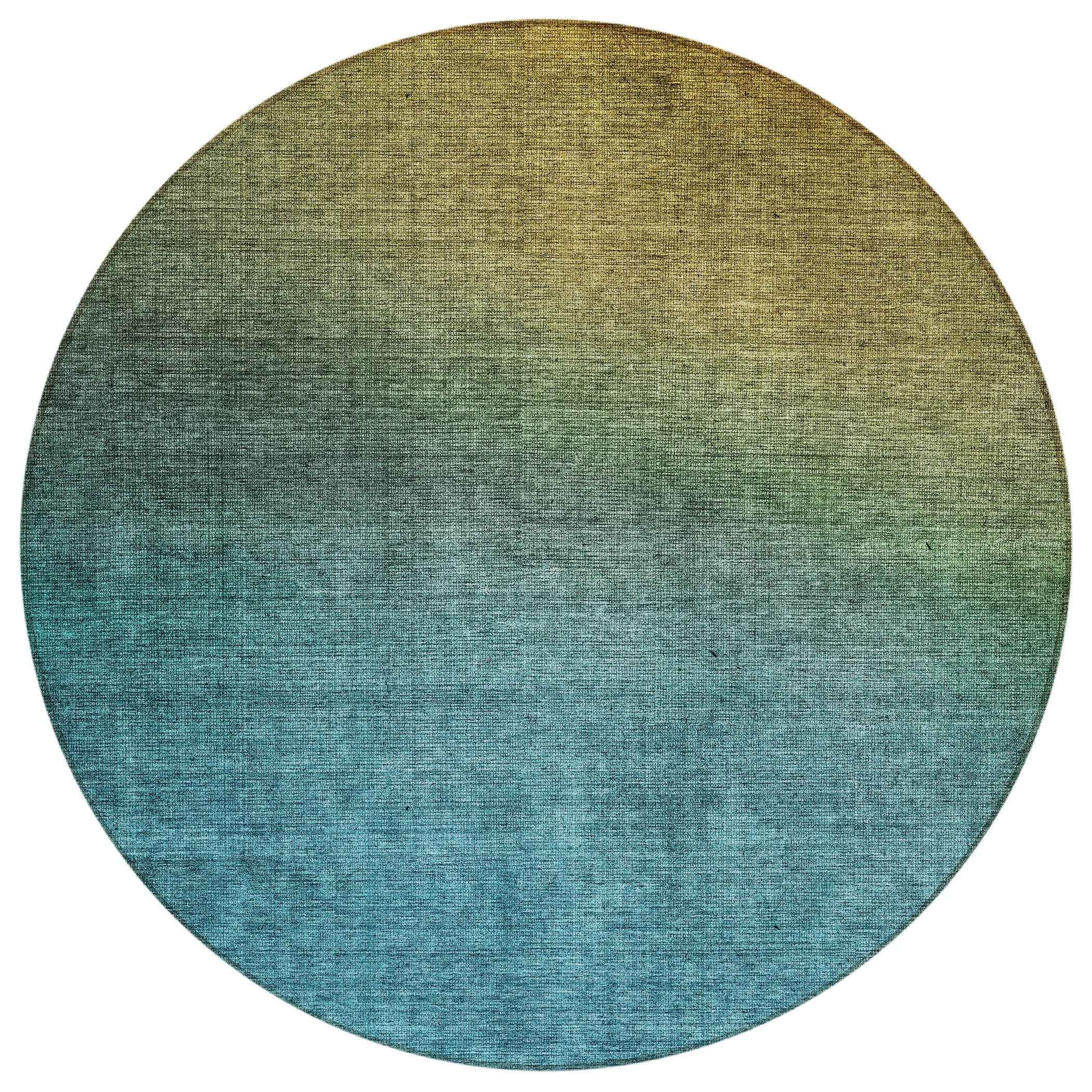 8' Brown Blue And Taupe Round Ombre Washable Indoor Outdoor Area Rug