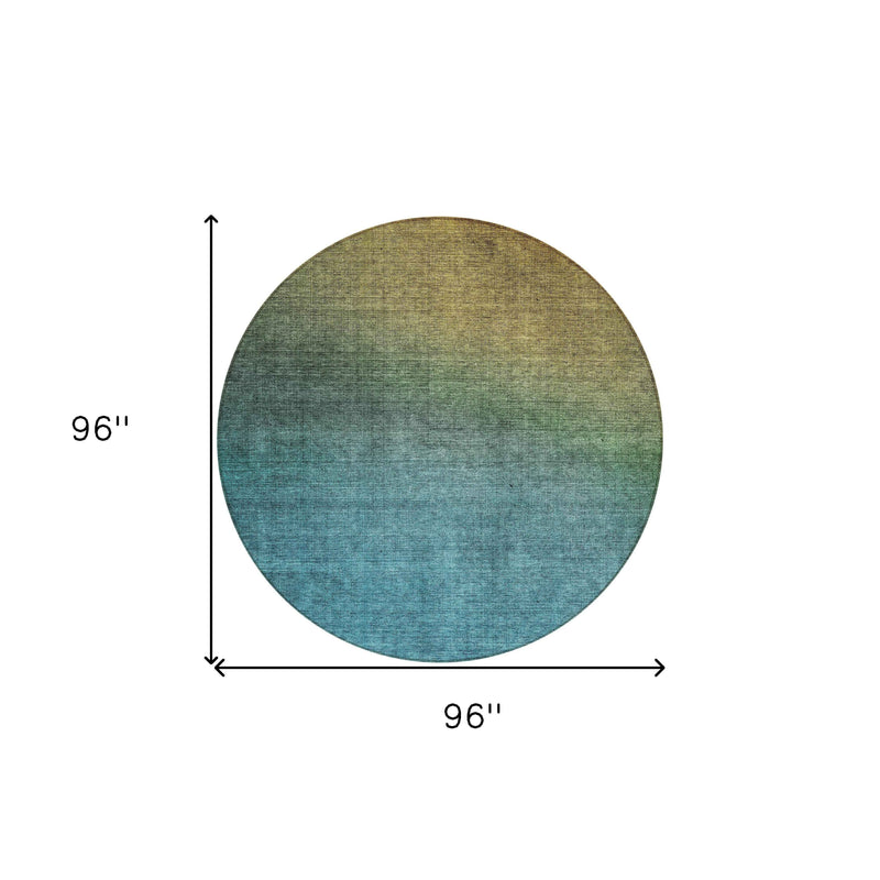 8' Brown Blue And Taupe Round Ombre Washable Indoor Outdoor Area Rug