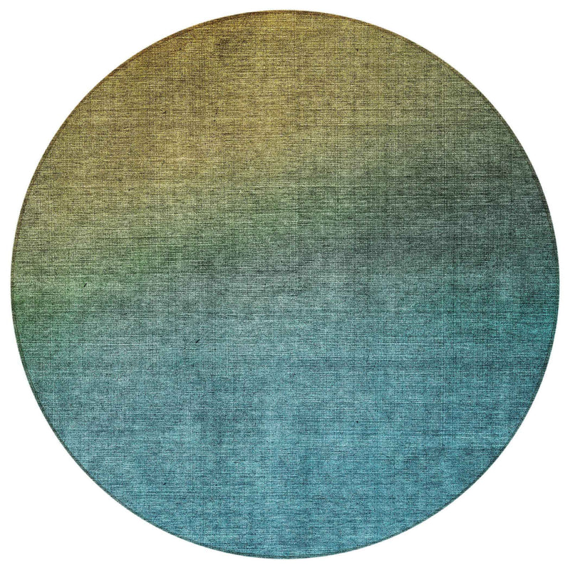8' Brown Blue And Taupe Round Ombre Washable Indoor Outdoor Area Rug