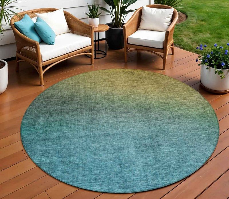 8' Brown Blue And Taupe Round Ombre Washable Indoor Outdoor Area Rug