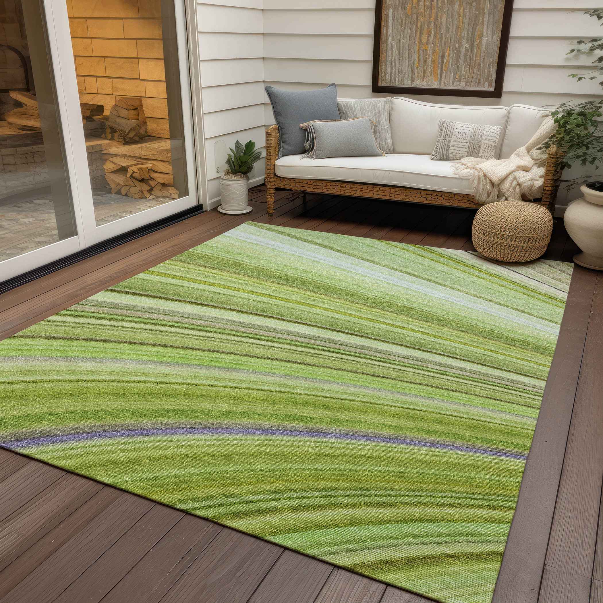 8' X 10' Artichoke Green And Olive Green Abstract Washable Indoor Outdoor Area Rug