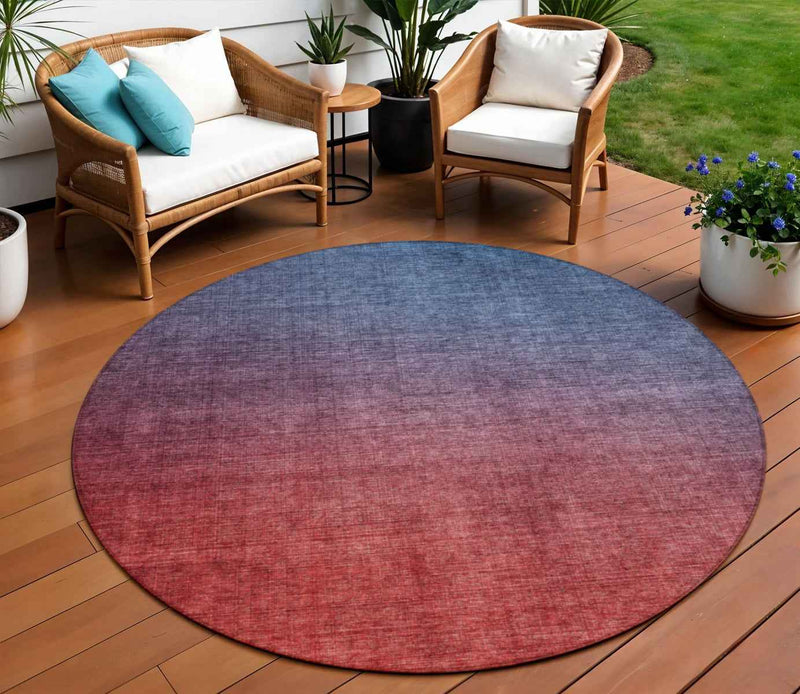 8' Navy Blue Red And Eggplant Round Ombre Washable Indoor Outdoor Area Rug