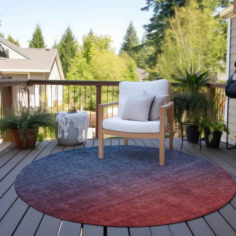 8' Navy Blue Red And Eggplant Round Ombre Washable Indoor Outdoor Area Rug