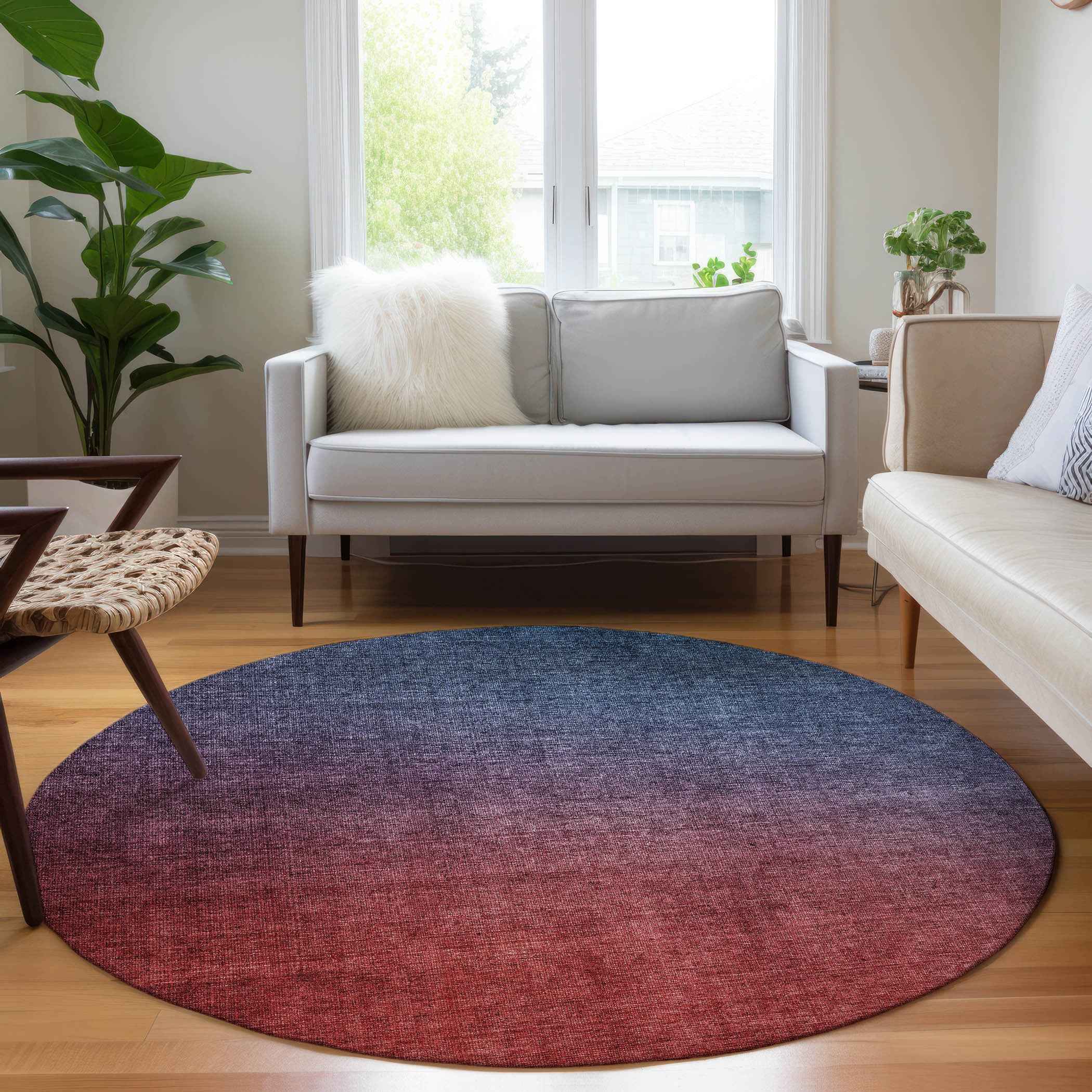 8' Navy Blue Red And Eggplant Round Ombre Washable Indoor Outdoor Area Rug