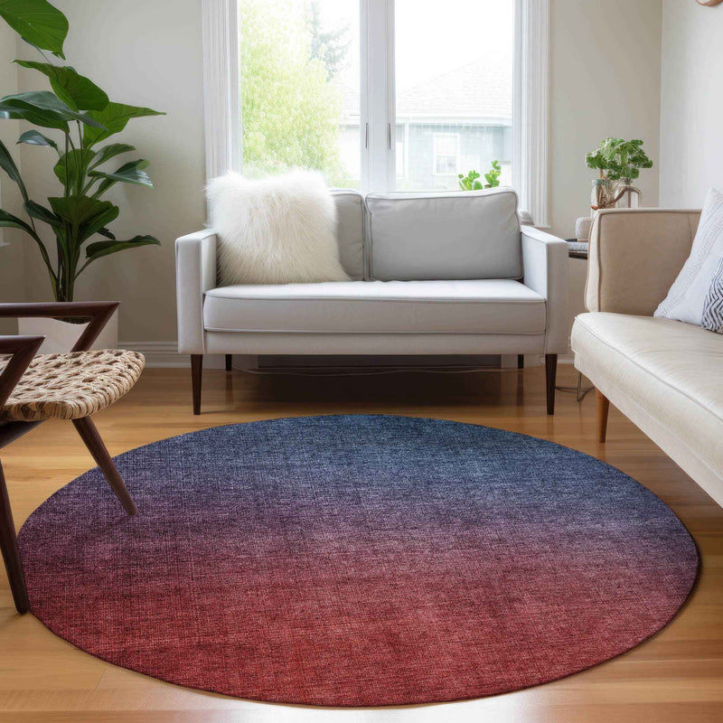 8' Navy Blue Red And Eggplant Round Ombre Washable Indoor Outdoor Area Rug