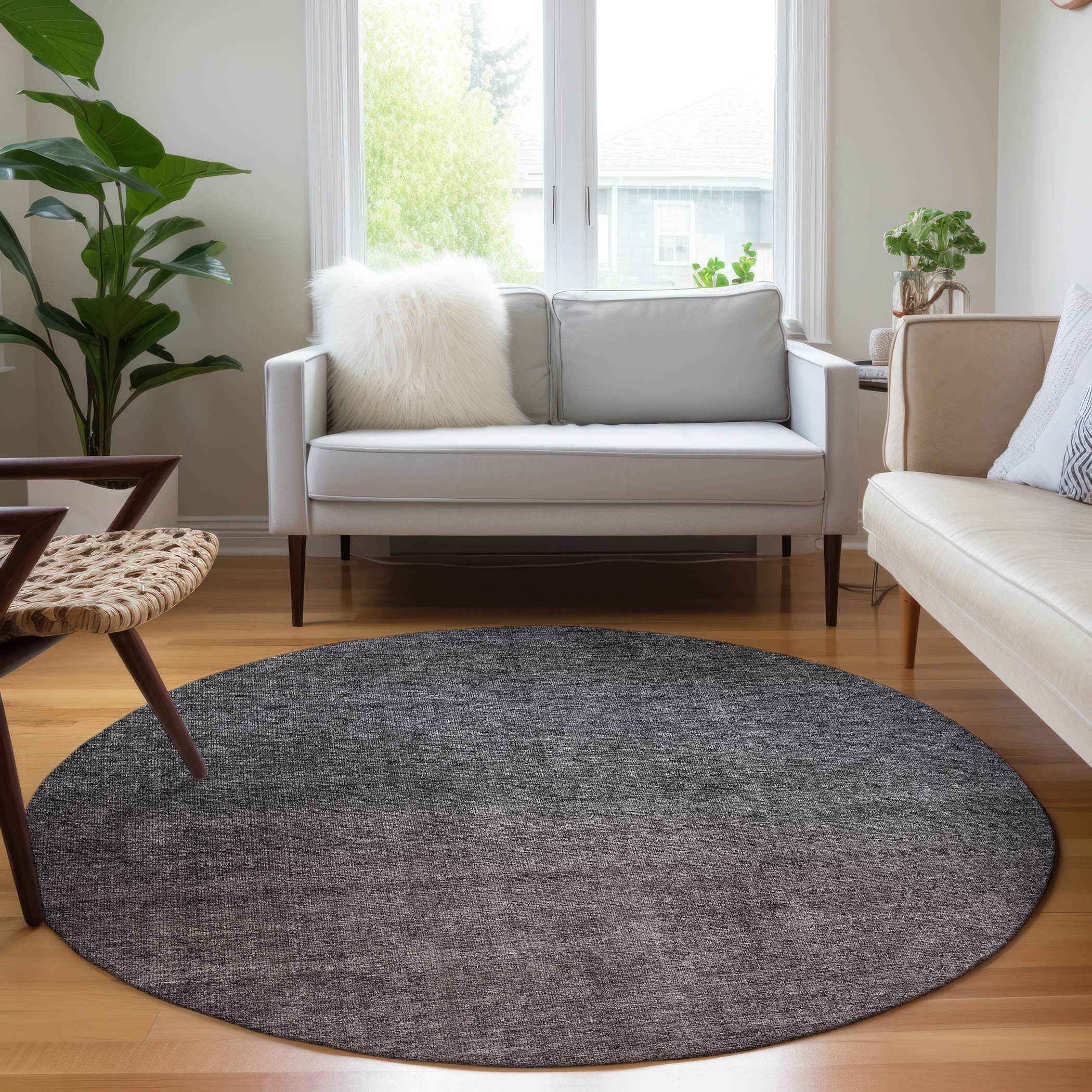 8' Gray Charcoal And Brown Round Ombre Washable Indoor Outdoor Area Rug