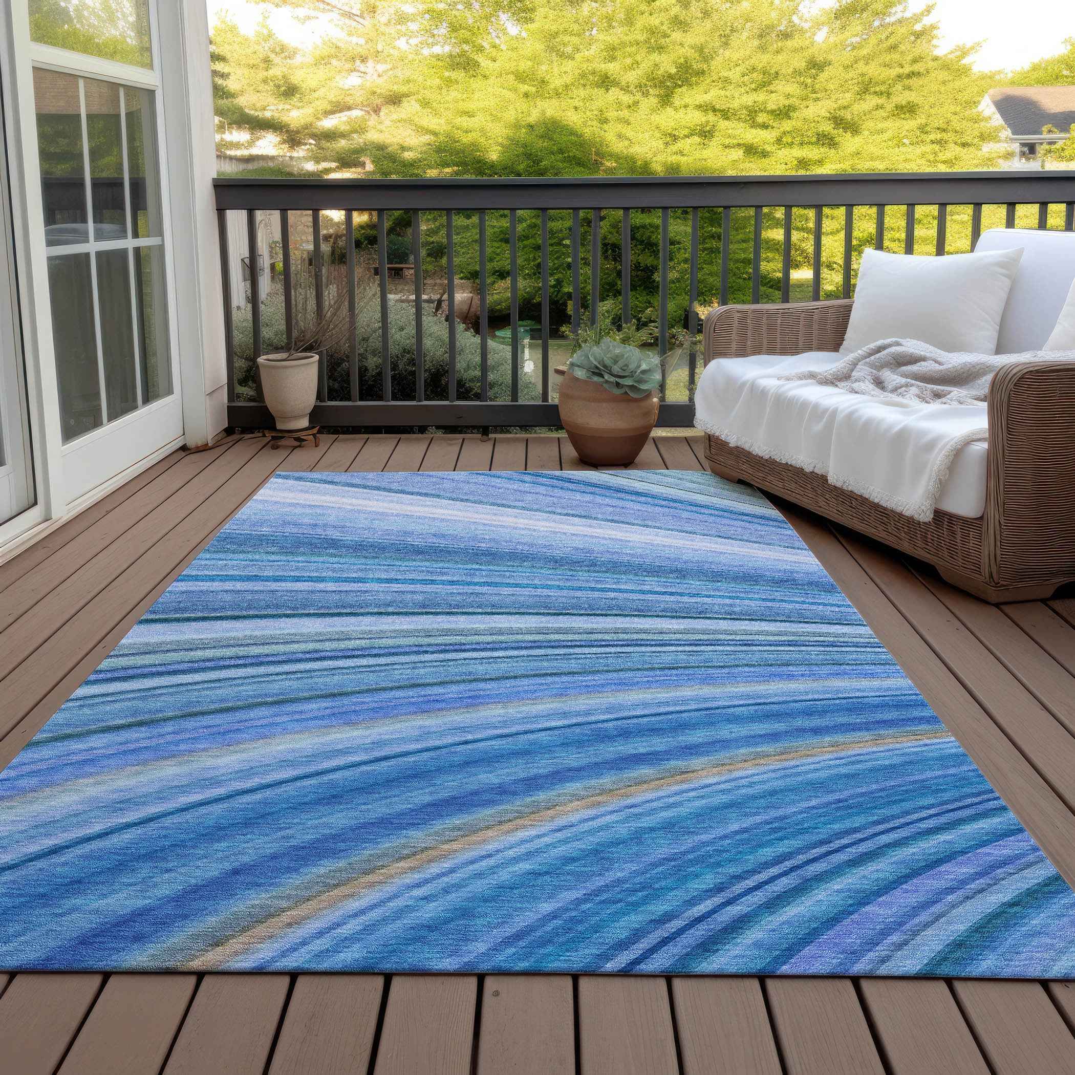 9' X 12' Denim Blue And Sky Blue Abstract Washable Indoor Outdoor Area Rug