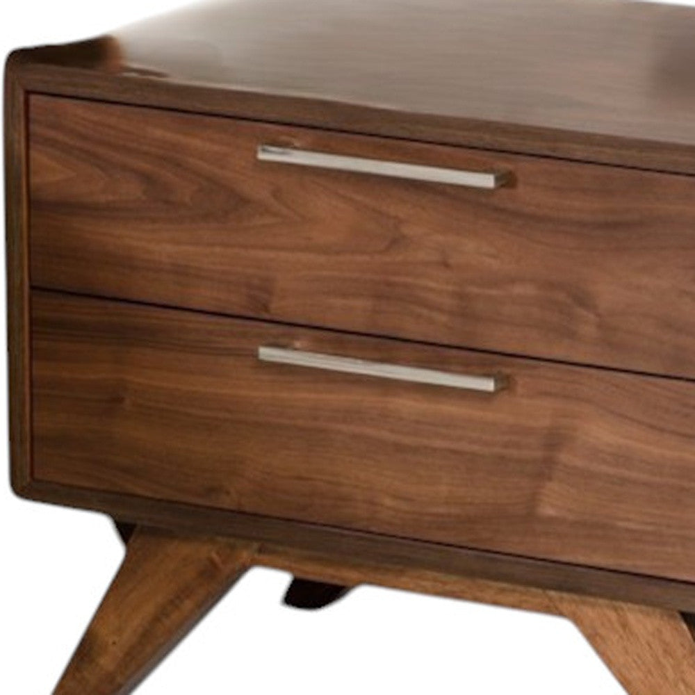 Walnut-toned solid wood nightstand with two drawers and silver bar pulls