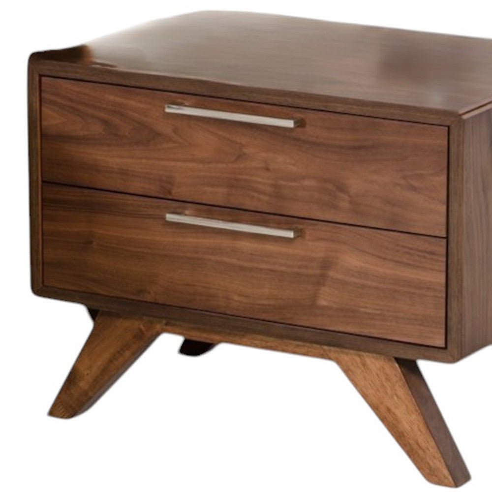 Walnut-toned solid wood nightstand with two drawers and brushed metal bar pulls