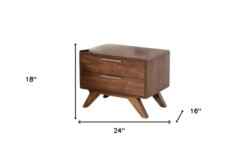 Two-drawer walnut nightstand with angled legs and size markers (24 in wide)