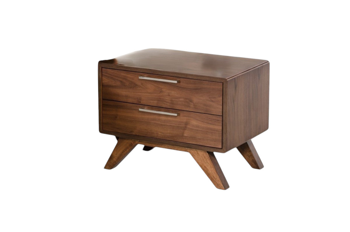 Walnut-toned nightstand with two drawers, long silver pulls, and angled legs