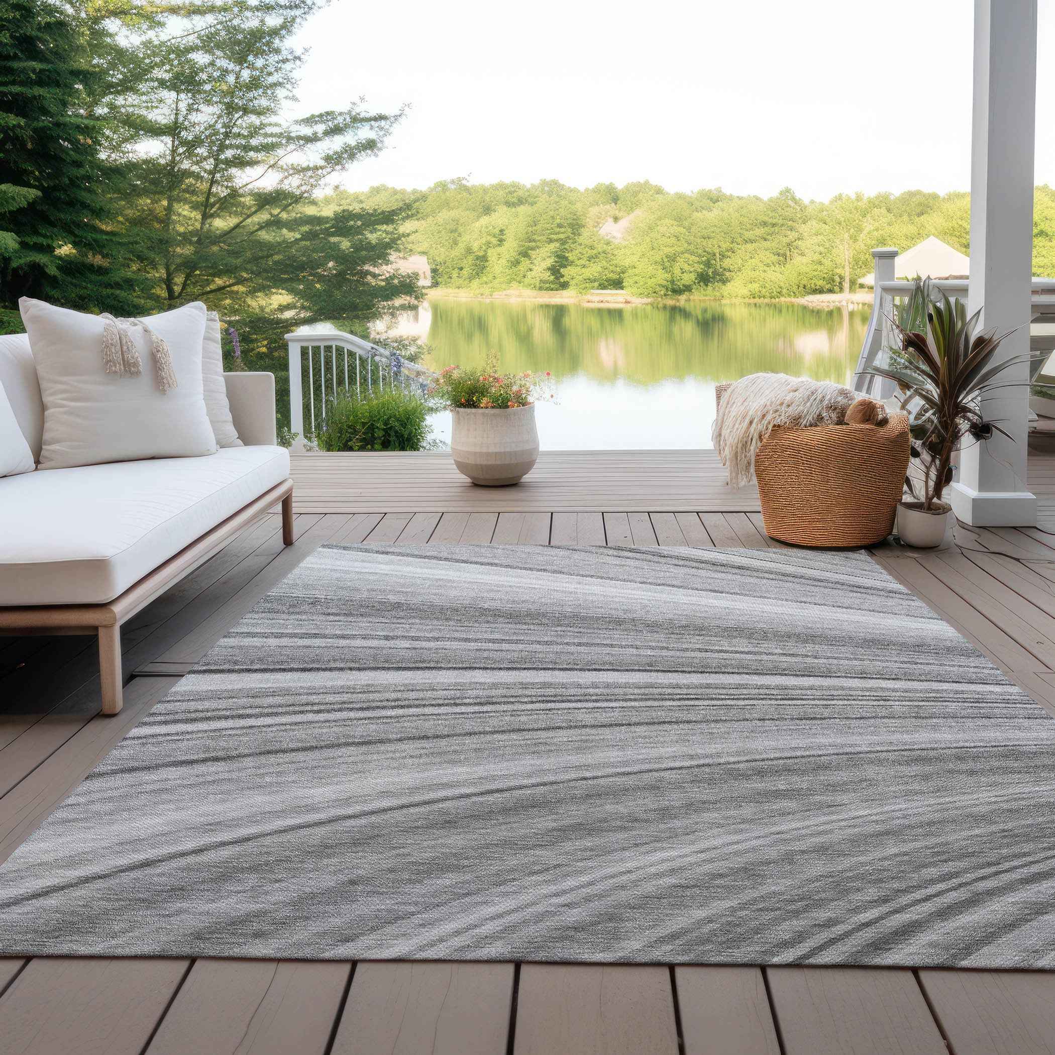 8' X 10' Gray Silver And Ivory Abstract Washable Indoor Outdoor Area Rug