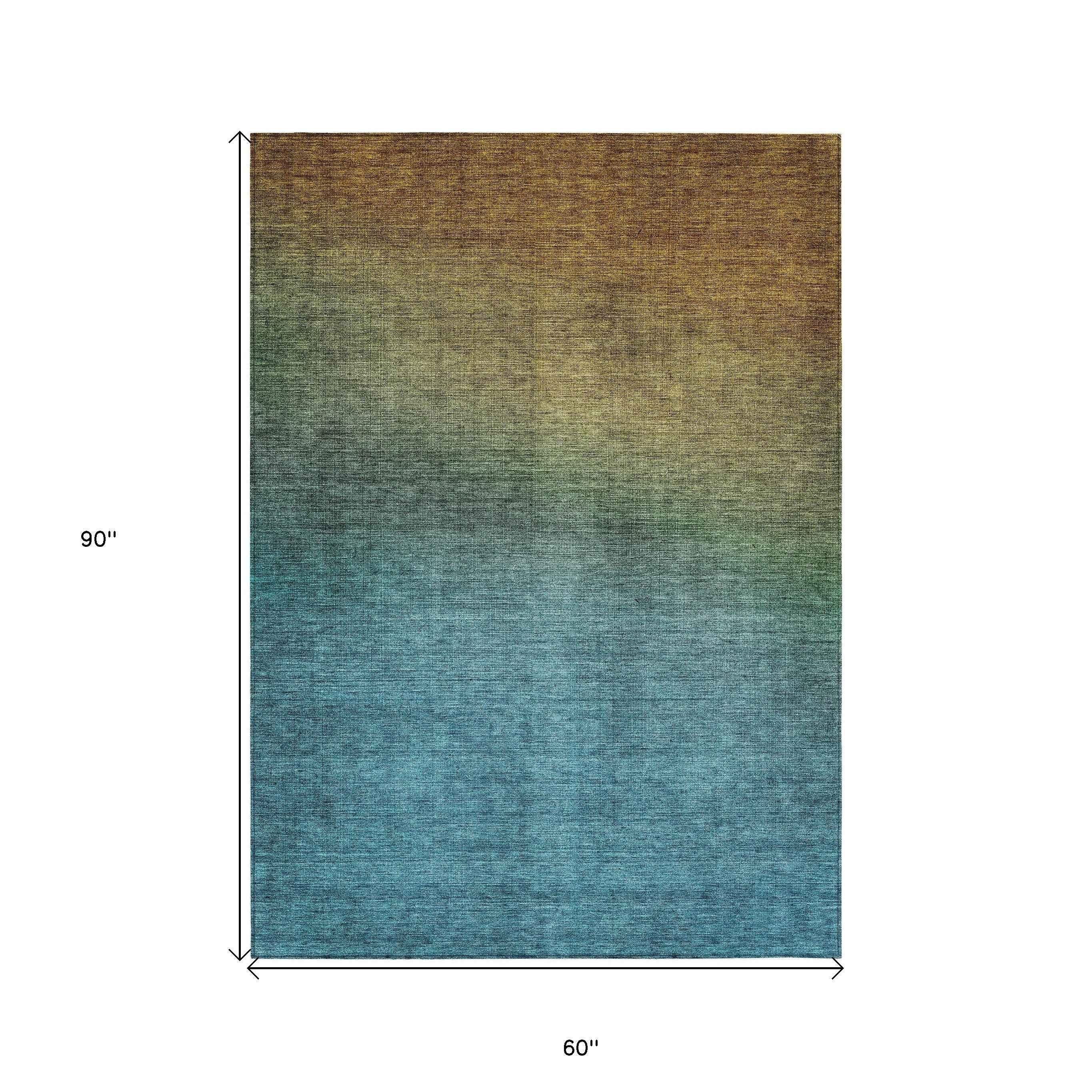 5' X 8' Brown Blue And Taupe Ombre Washable Indoor Outdoor Area Rug