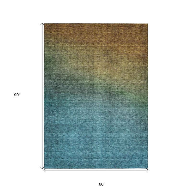 5' X 8' Brown Blue And Taupe Ombre Washable Indoor Outdoor Area Rug