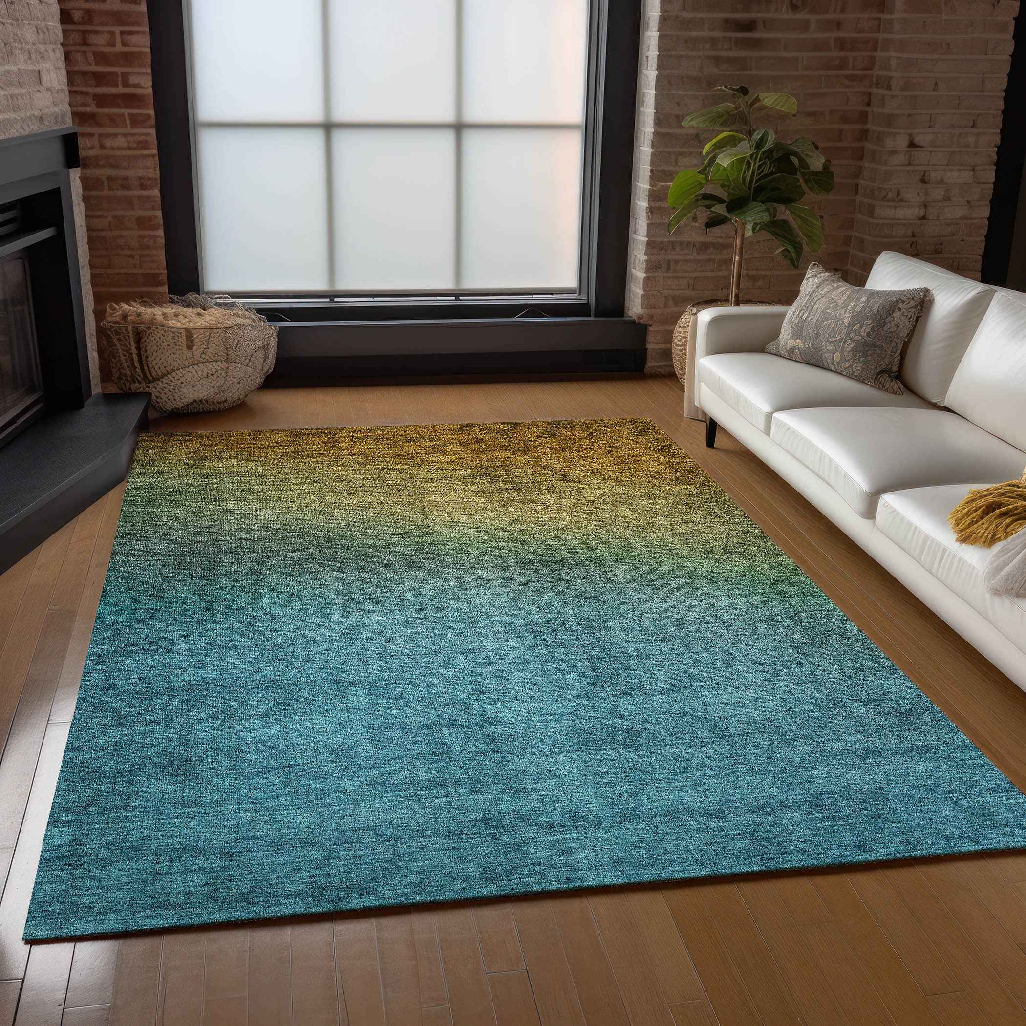5' X 8' Brown Blue And Taupe Ombre Washable Indoor Outdoor Area Rug
