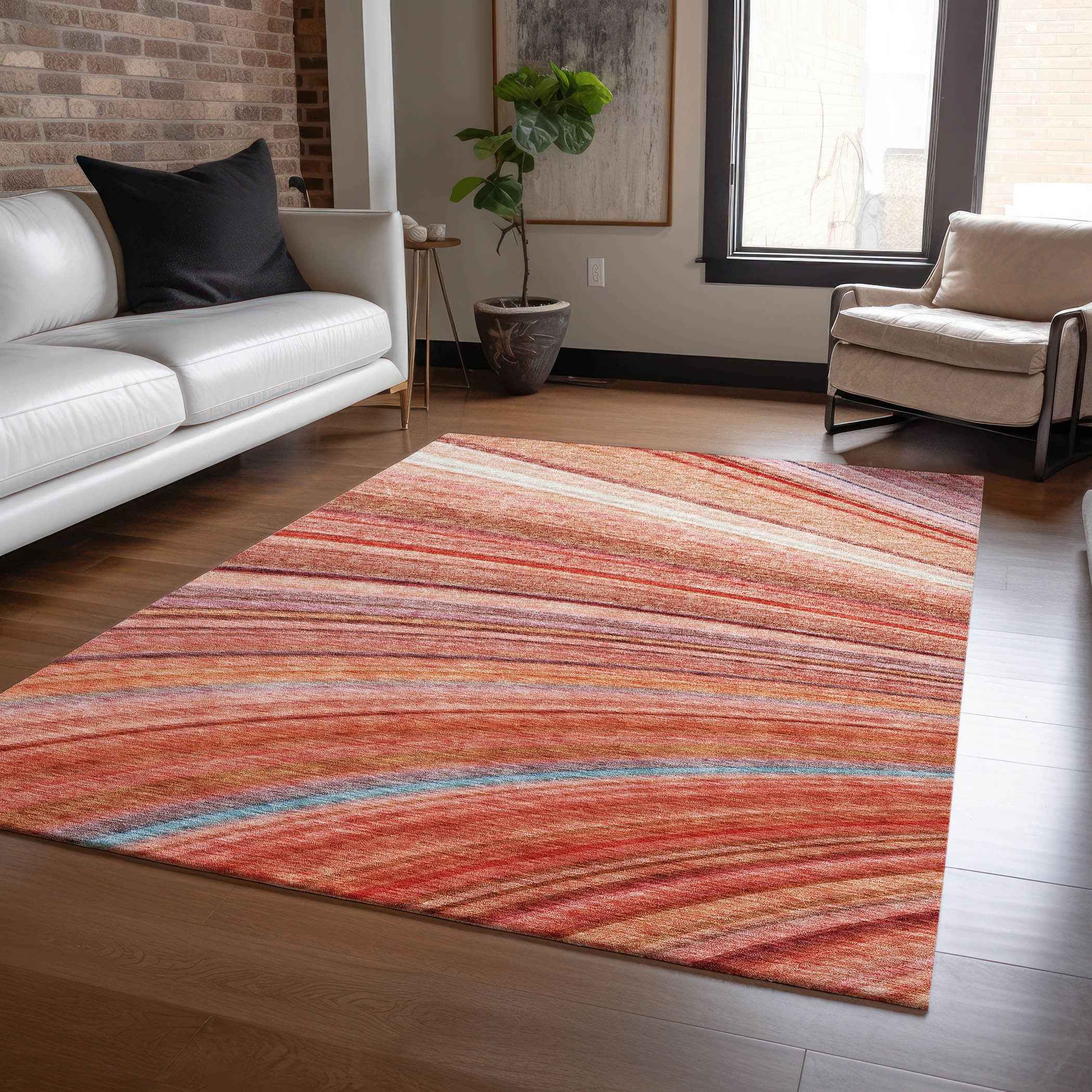 8' X 10' Terra Cotta Salmon And Orange Striped Washable Indoor Outdoor Area Rug