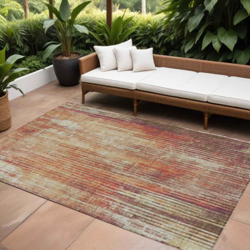 8' X 10' Orange Beige And Taupe Striped Washable Indoor Outdoor Area Rug