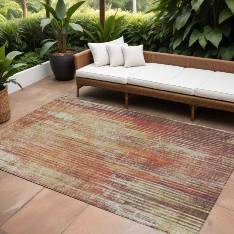 8' X 10' Orange Beige And Taupe Striped Washable Indoor Outdoor Area Rug