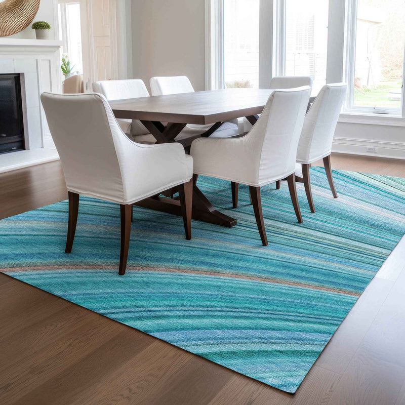 8' X 10' Teal Blue Aqua And Blue Abstract Washable Indoor Outdoor Area Rug