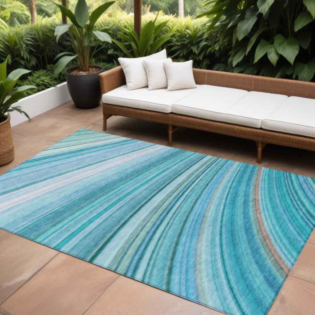 8' X 10' Teal Blue Aqua And Blue Abstract Washable Indoor Outdoor Area Rug