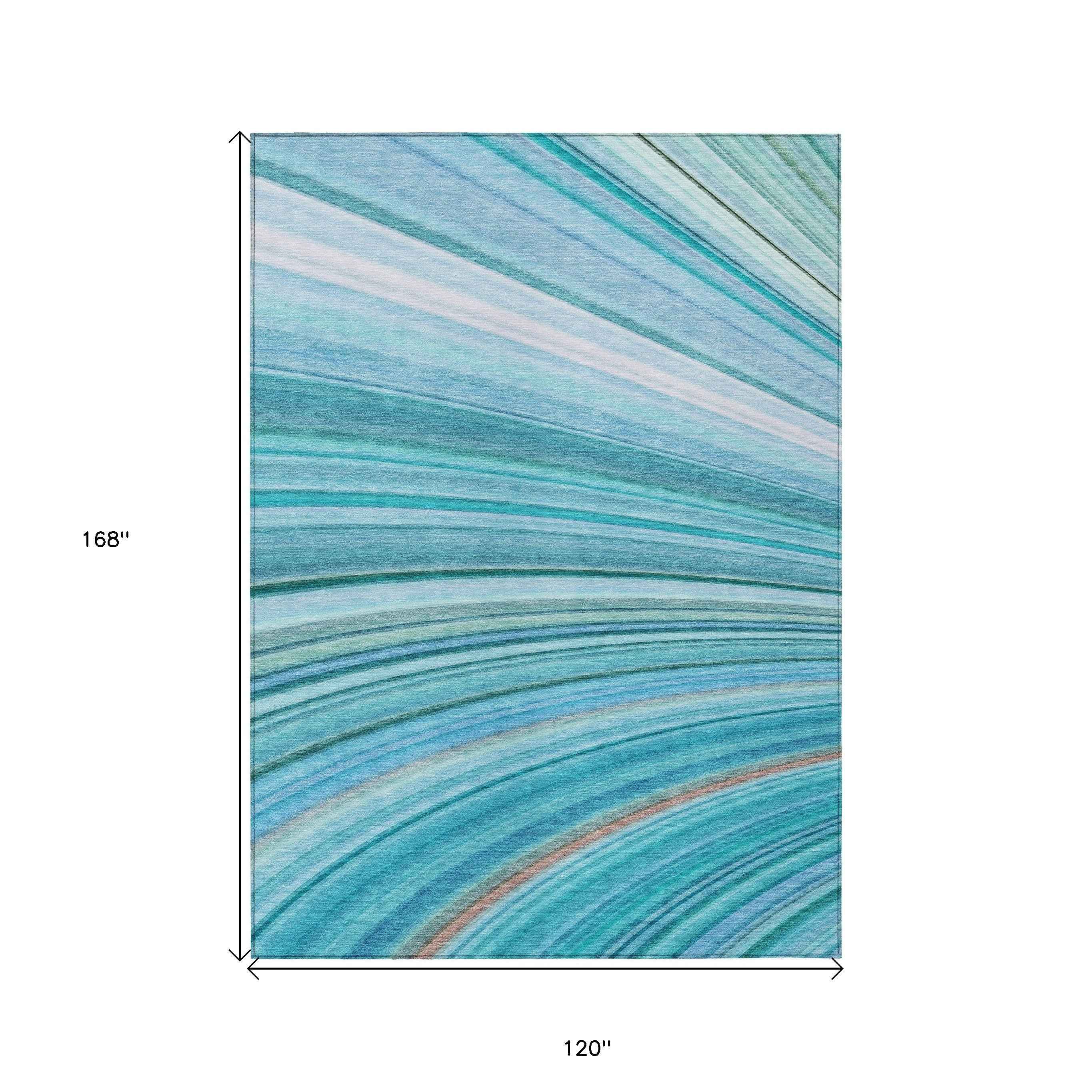 10' X 14' Teal Blue Aqua And Blue Abstract Washable Indoor Outdoor Area Rug