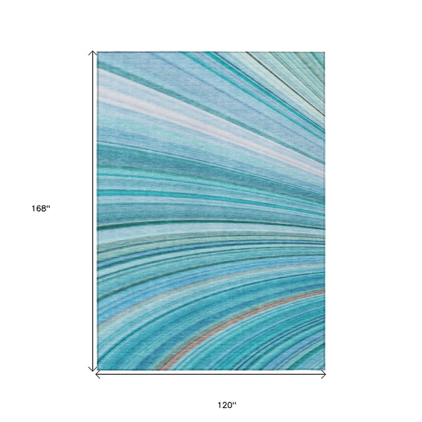 10' X 14' Teal Blue Aqua And Blue Abstract Washable Indoor Outdoor Area Rug