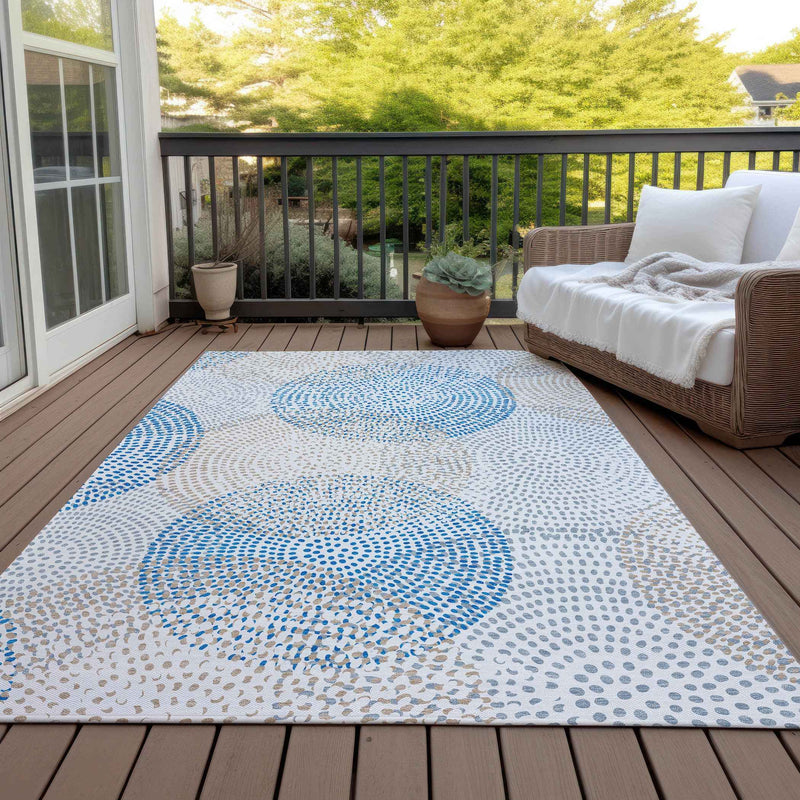 9' X 12' Ivory Blue And Taupe Polka Dot Washable Indoor Outdoor Area Rug