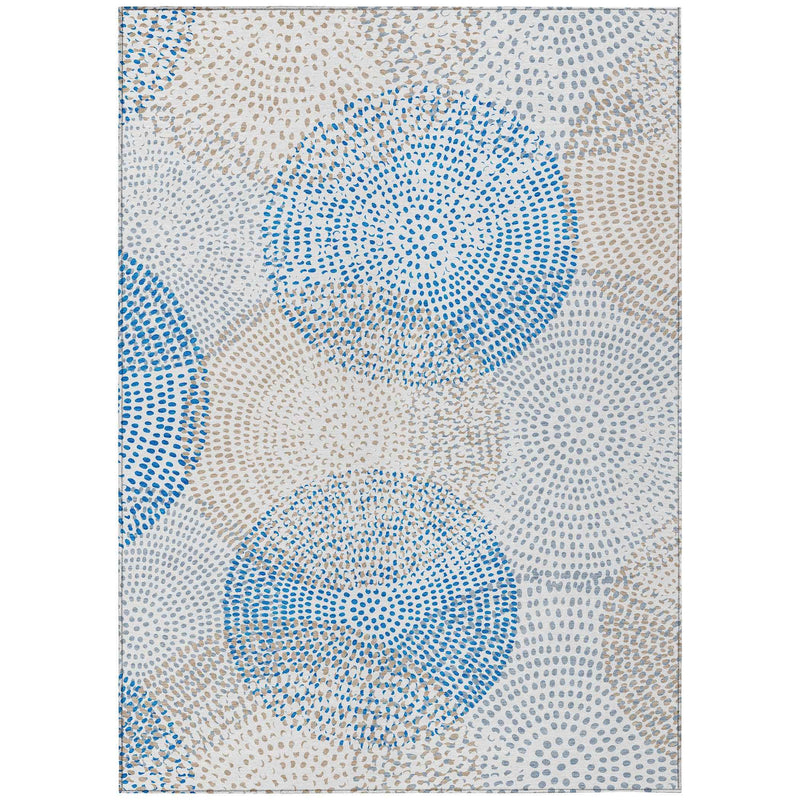 9' X 12' Ivory Blue And Taupe Polka Dot Washable Indoor Outdoor Area Rug