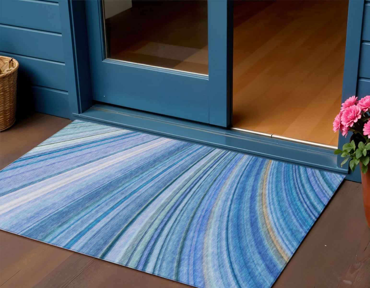 3' X 5' Denim Blue And Sky Blue Abstract Washable Indoor Outdoor Area Rug