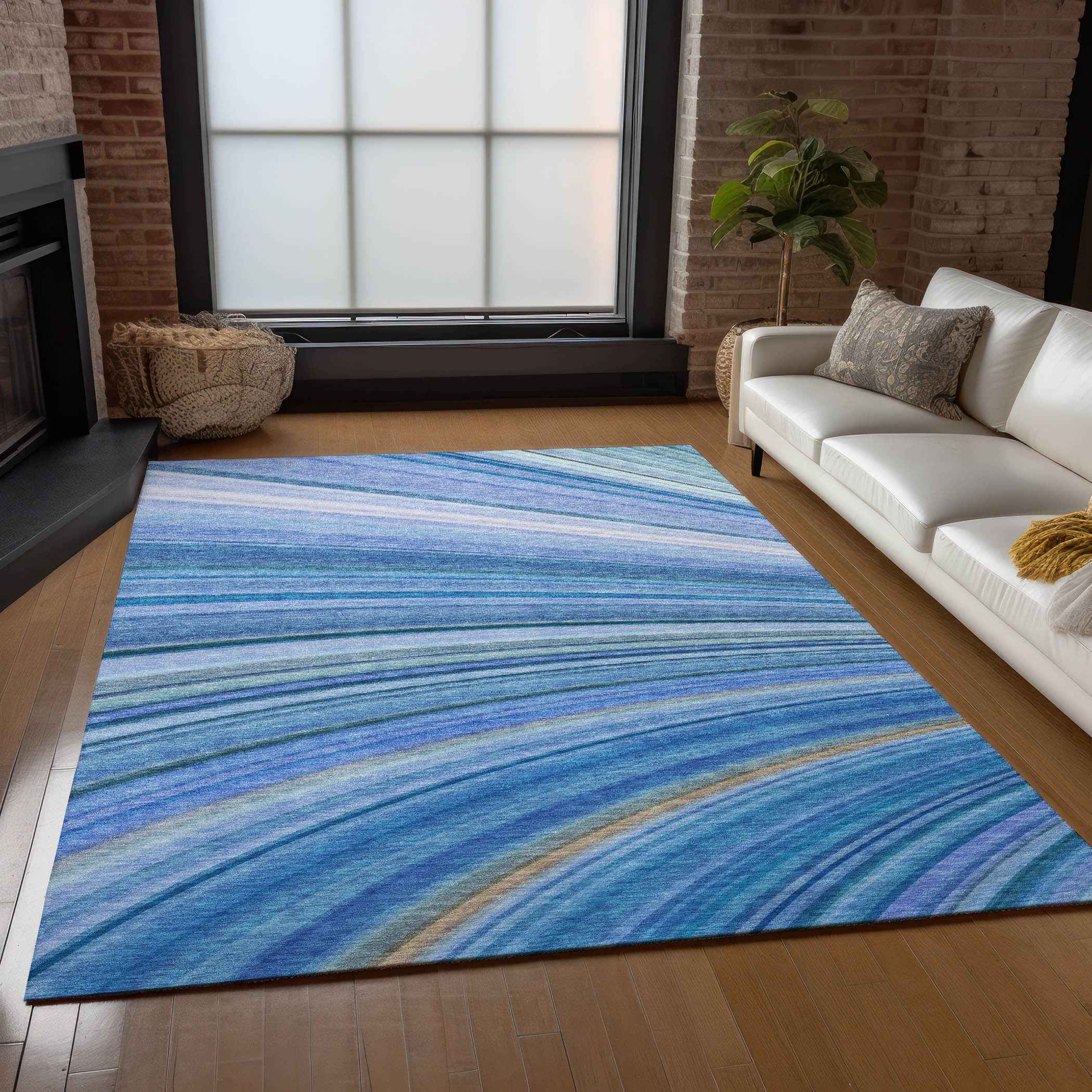 3' X 5' Denim Blue And Sky Blue Abstract Washable Indoor Outdoor Area Rug