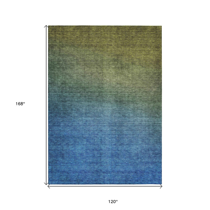 10' X 14' Olive Green Blue And Navy Blue Ombre Washable Indoor Outdoor Area Rug