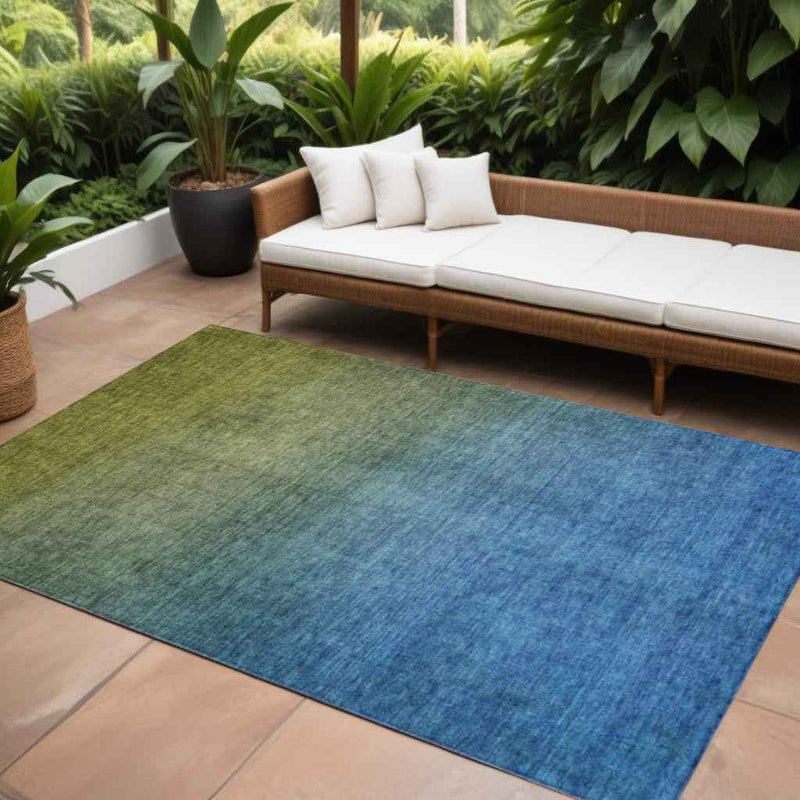 10' X 14' Olive Green Blue And Navy Blue Ombre Washable Indoor Outdoor Area Rug