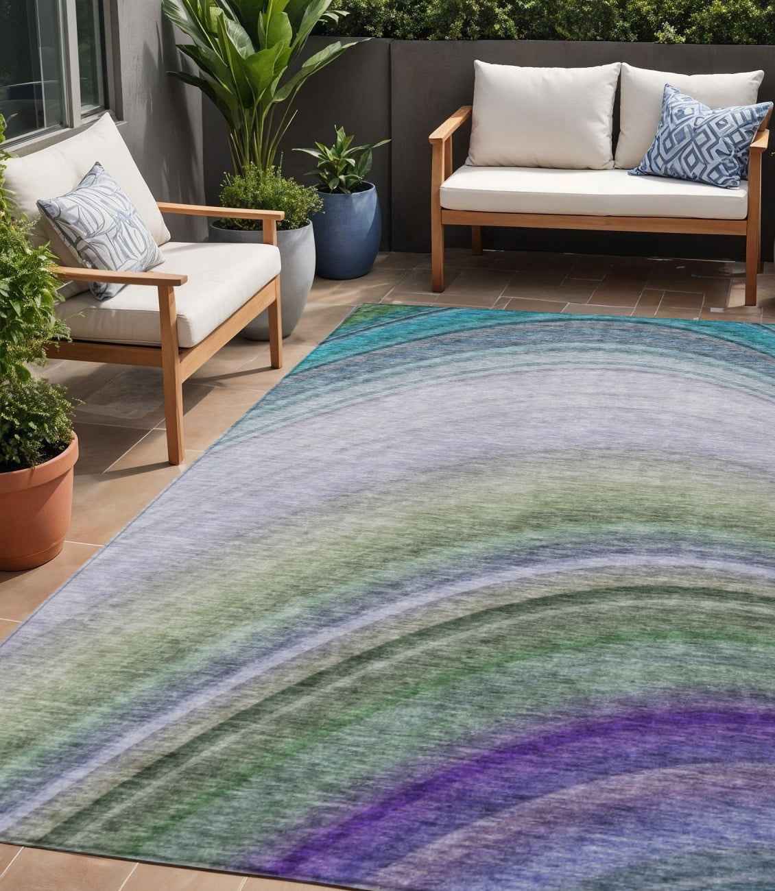 5' X 8' Teal Blue Artichoke Green And Green Abstract Washable Indoor Outdoor Area Rug