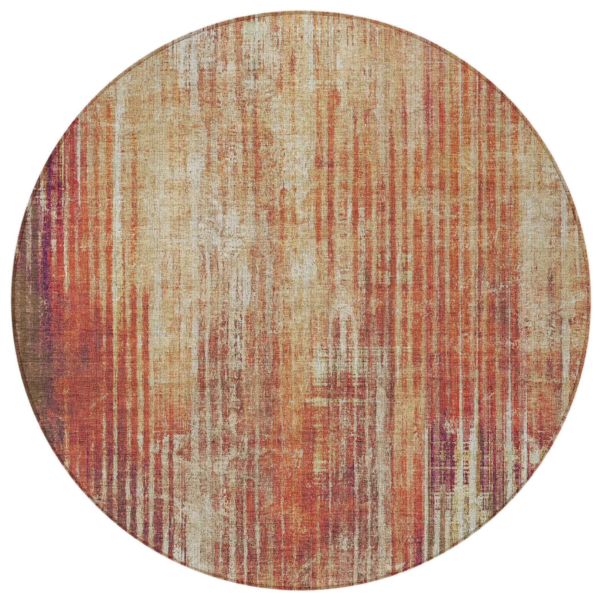 8' Orange Beige And Taupe Round Striped Washable Indoor Outdoor Area Rug
