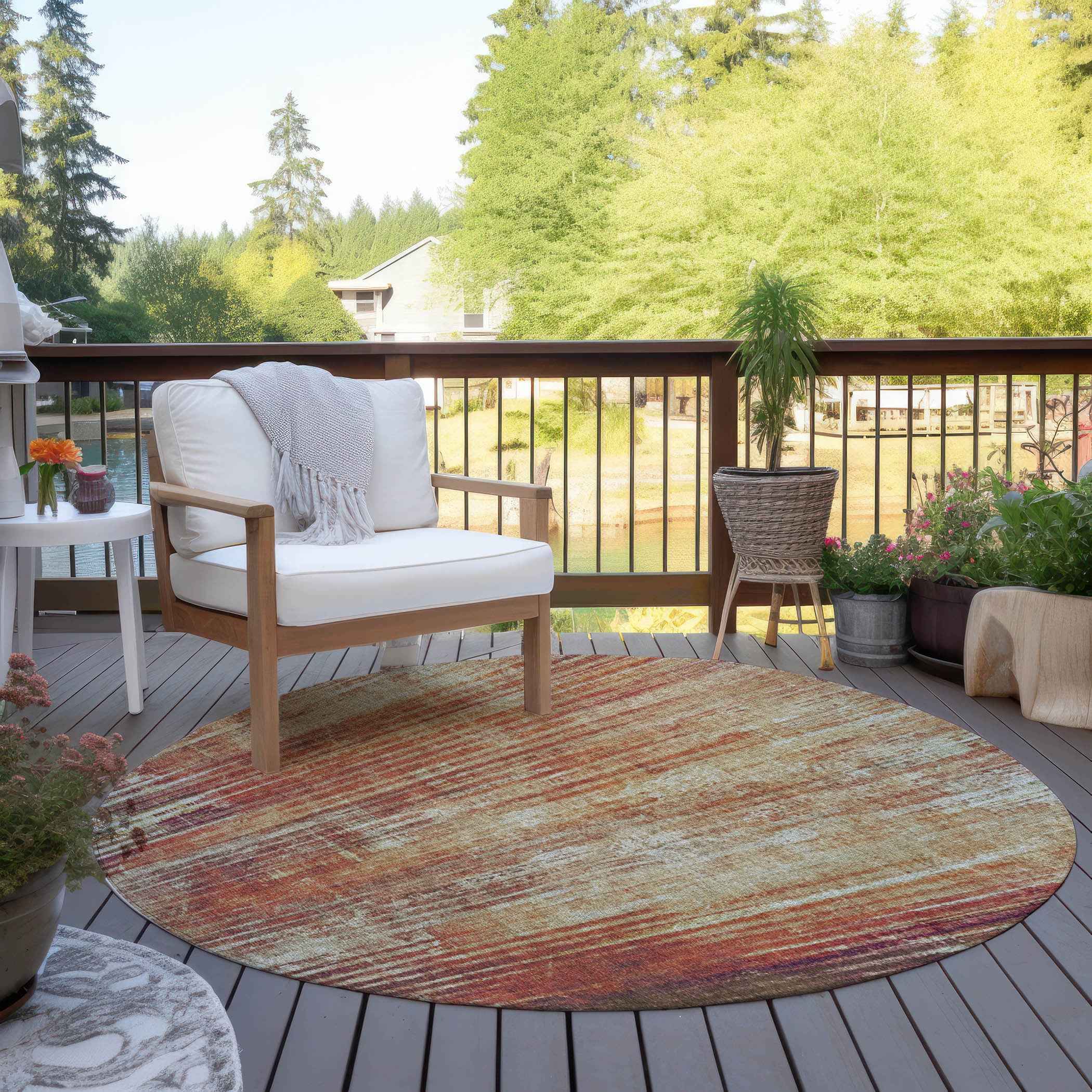 8' Orange Beige And Taupe Round Striped Washable Indoor Outdoor Area Rug