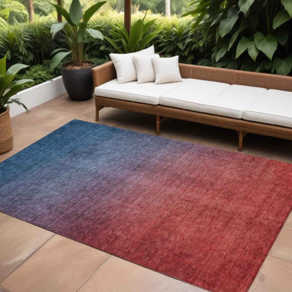 8' X 10' Navy Blue Red And Eggplant Ombre Washable Indoor Outdoor Area Rug