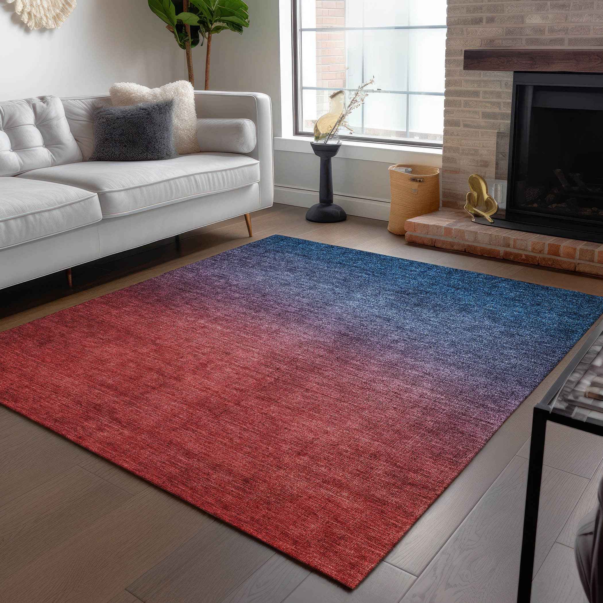 8' X 10' Navy Blue Red And Eggplant Ombre Washable Indoor Outdoor Area Rug