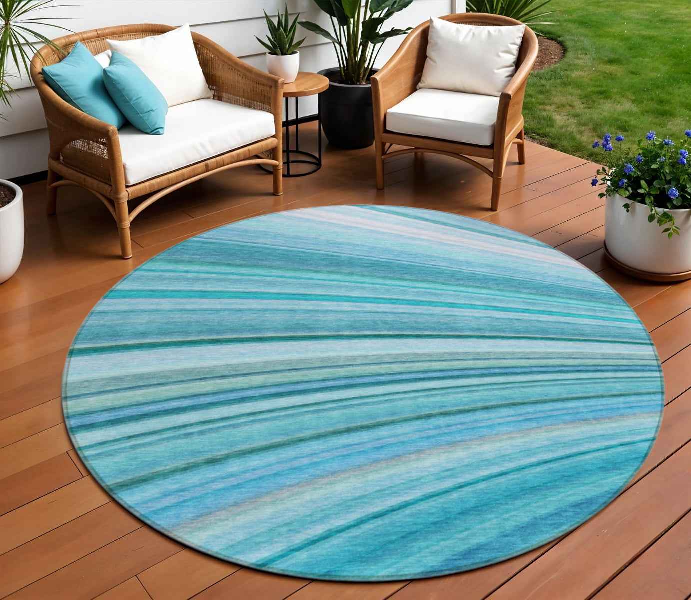8' Teal Blue Aqua And Blue Round Abstract Washable Indoor Outdoor Area Rug