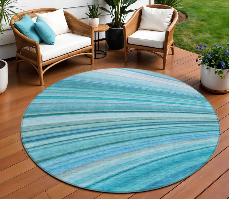 8' Teal Blue Aqua And Blue Round Abstract Washable Indoor Outdoor Area Rug