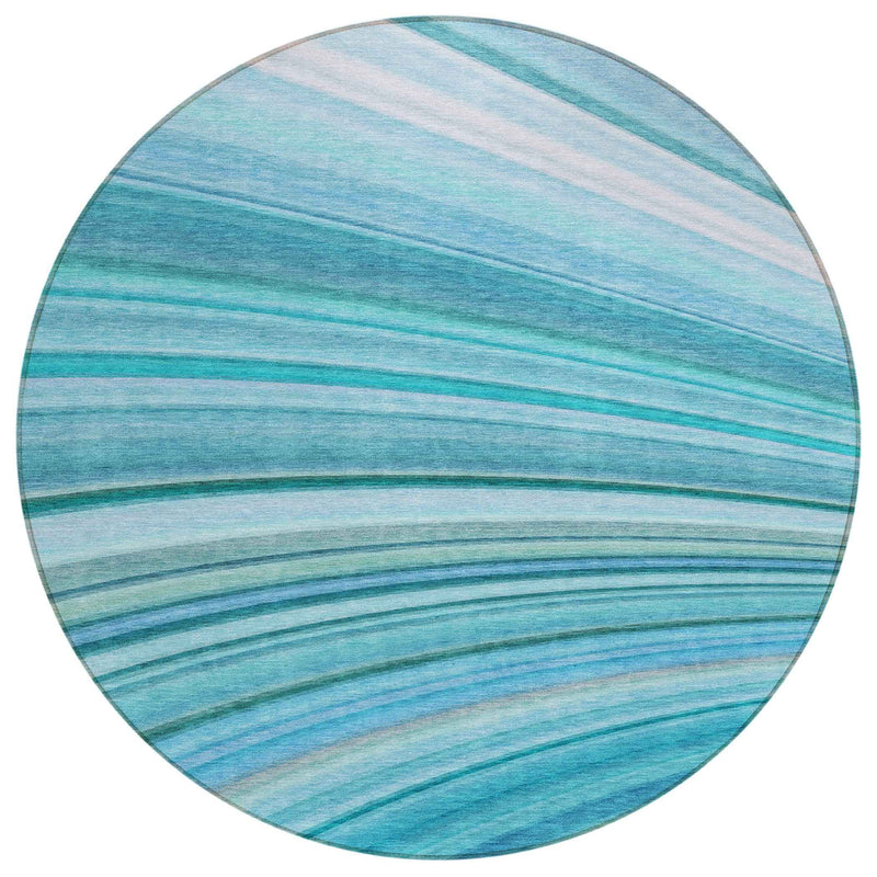 8' Teal Blue Aqua And Blue Round Abstract Washable Indoor Outdoor Area Rug