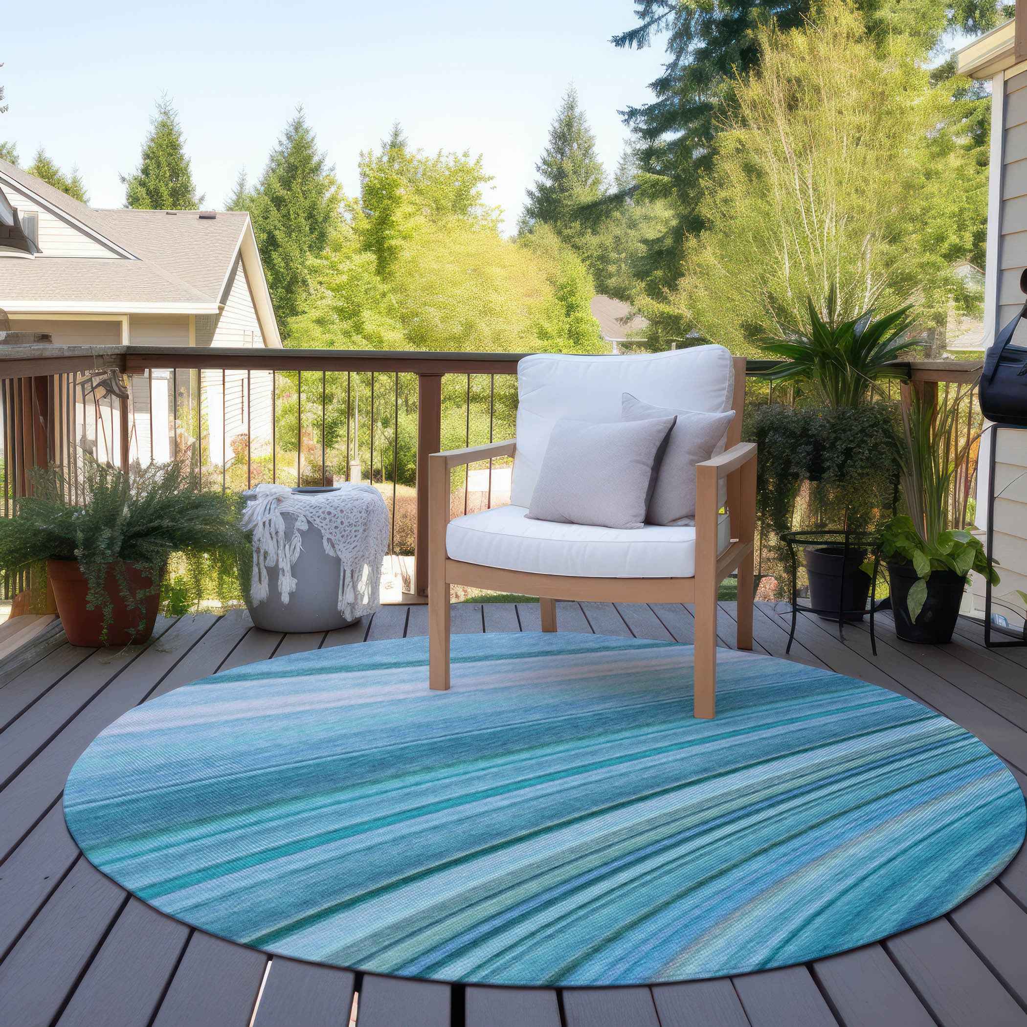 8' Teal Blue Aqua And Blue Round Abstract Washable Indoor Outdoor Area Rug