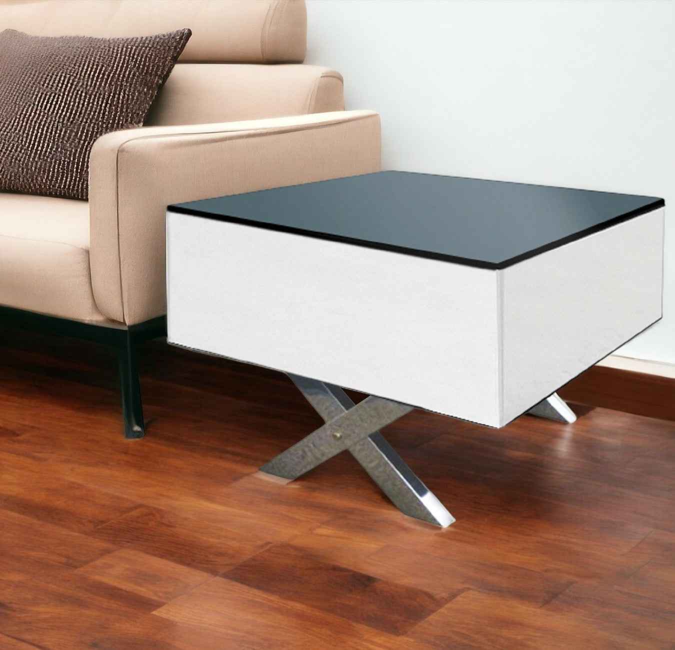 20" Black And White Mirrored Glass Square Cross Legs End Table