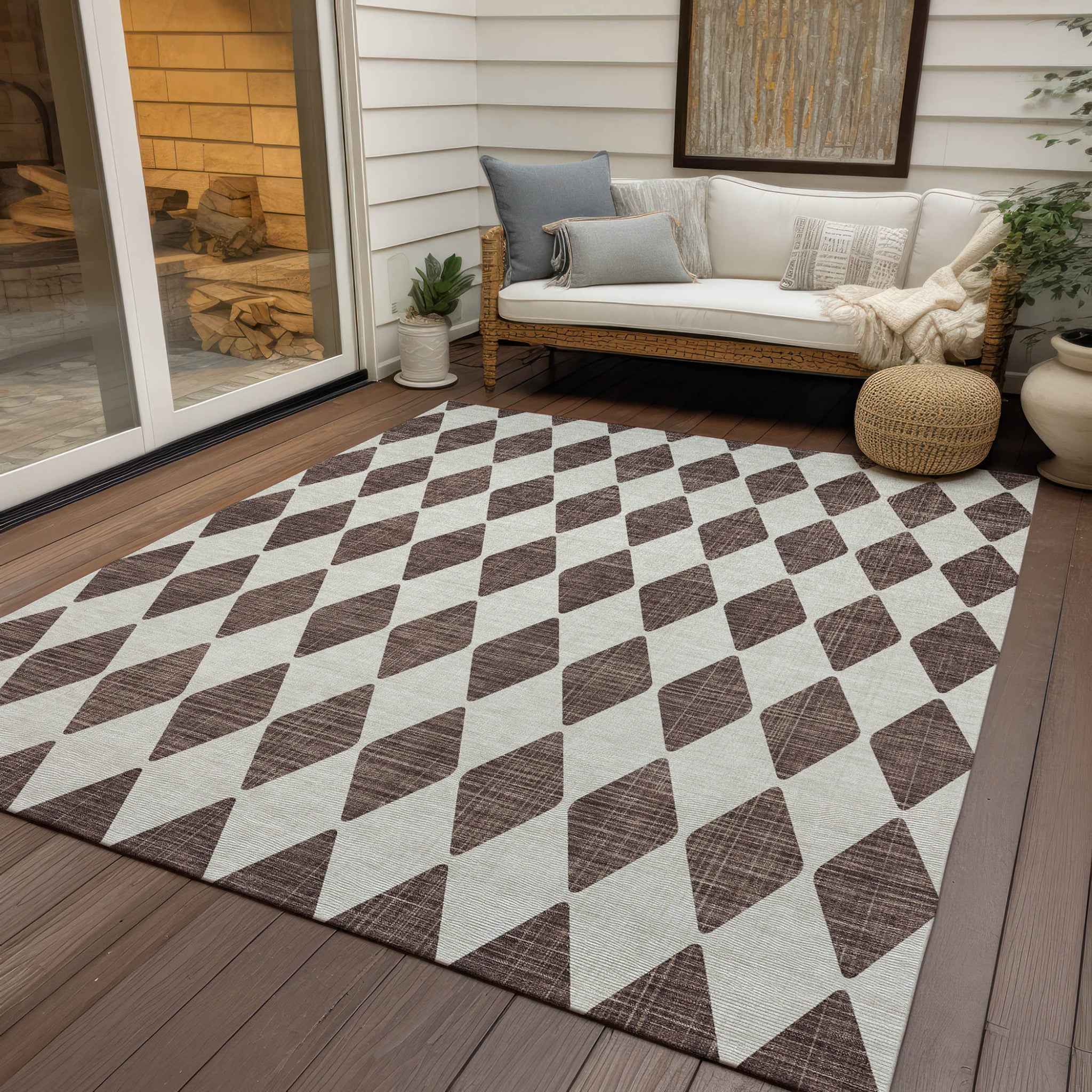 9' X 12' Brown Geometric Washable Indoor Outdoor Area Rug