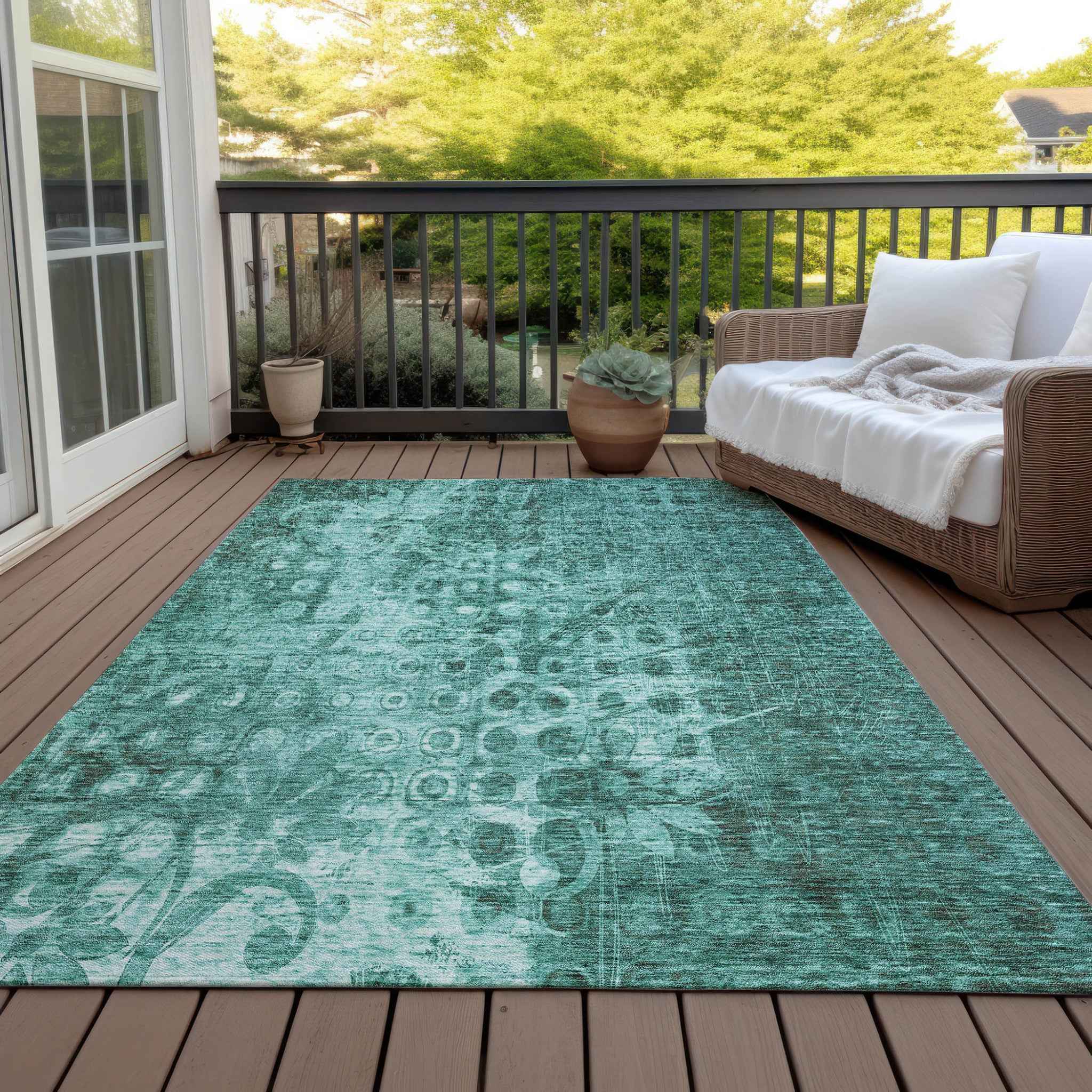 10' X 14' Teal Blue Ikat Washable Indoor Outdoor Area Rug