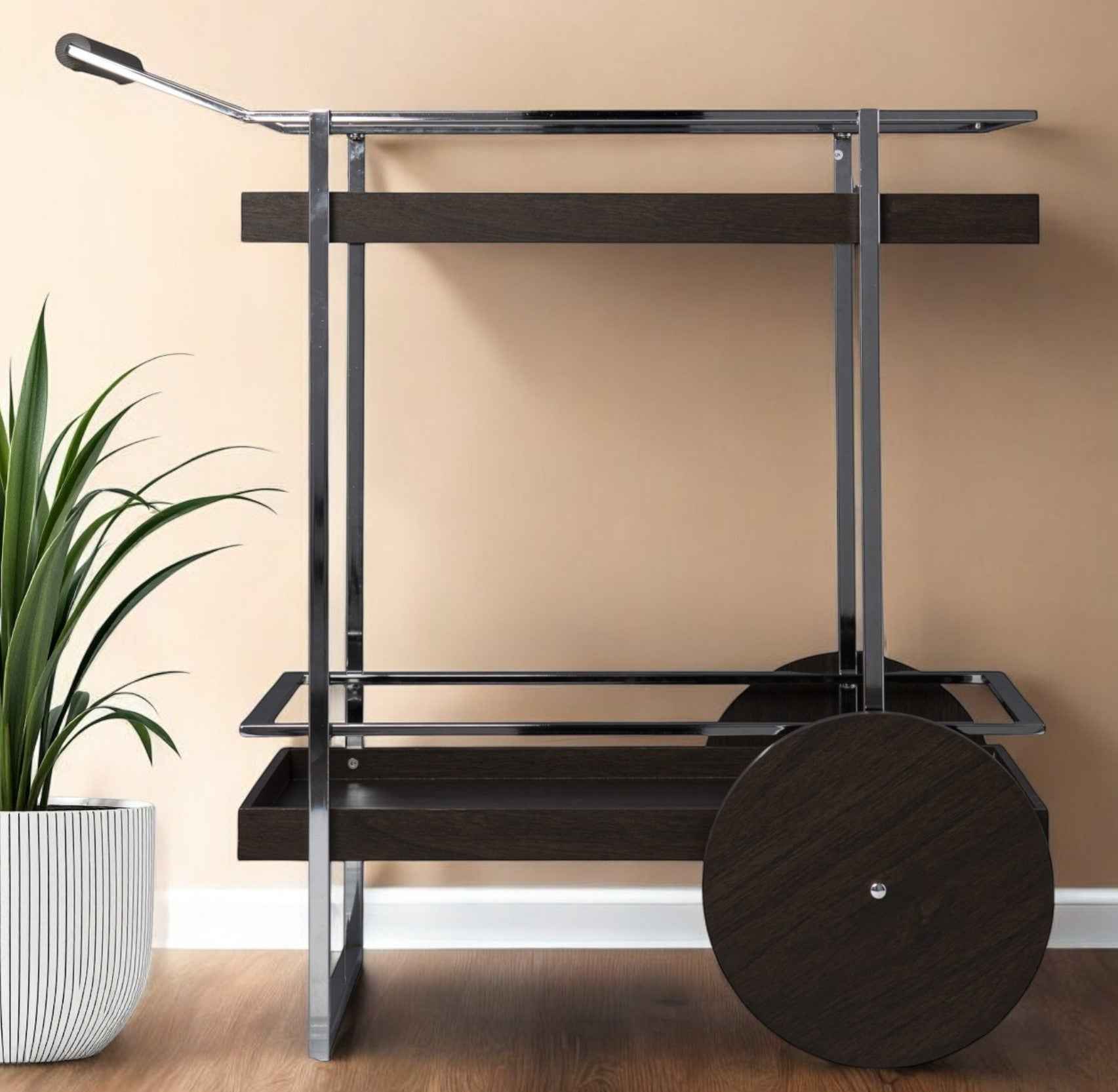 Brown and Silver Iron Rolling Bar Cart