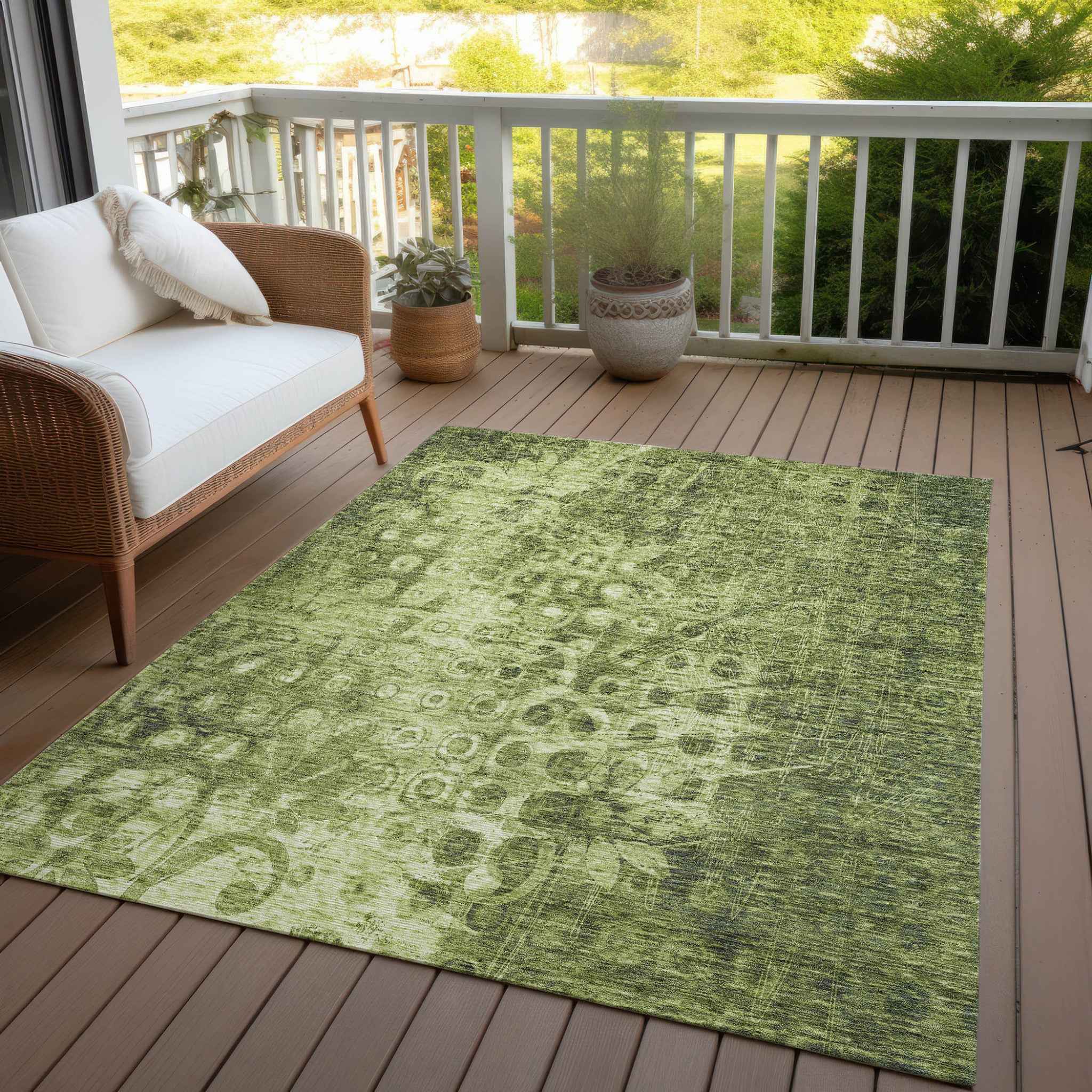 8' X 10' Olive Green Ikat Washable Indoor Outdoor Area Rug