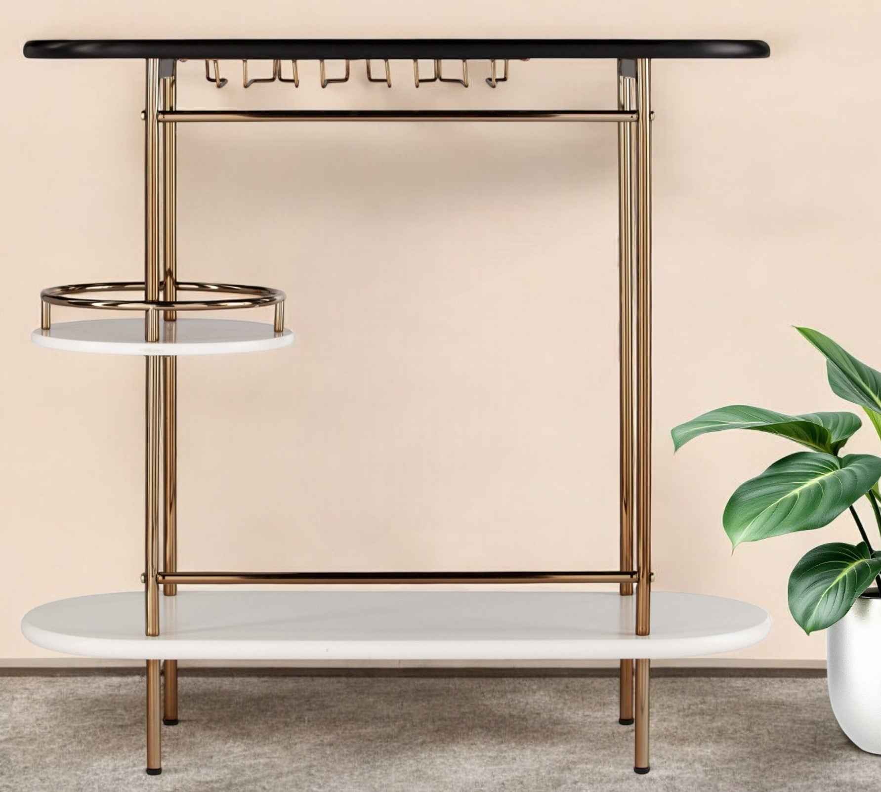 Gold Black and White Metal Oval Bar Cart With Wine Storage