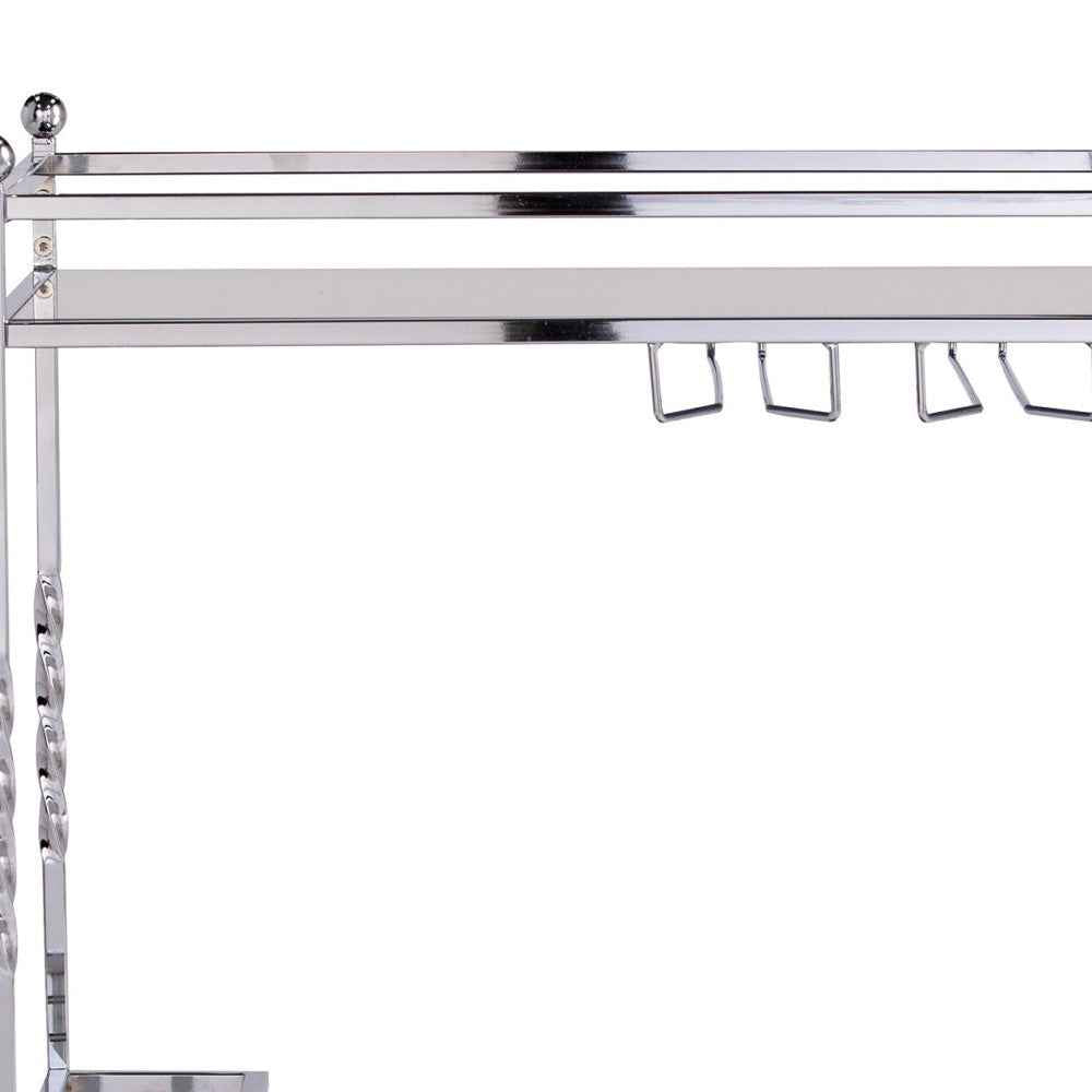 29" Silver Metal and Mirrored Glass Rolling Bar Cart With Wine Storage