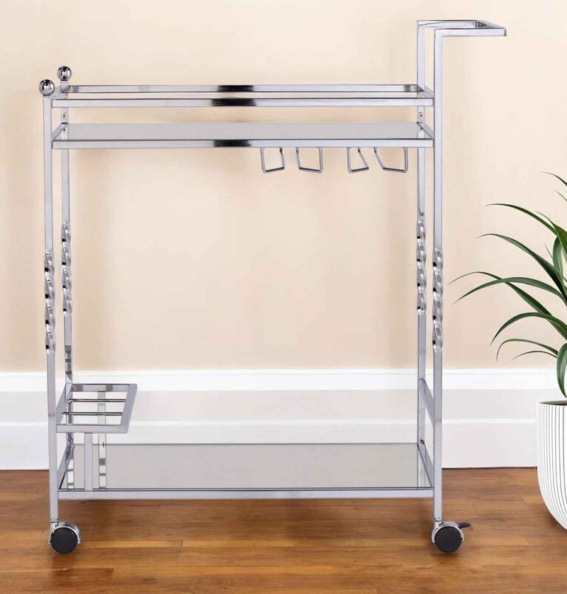 29" Silver Metal and Mirrored Glass Rolling Bar Cart With Wine Storage