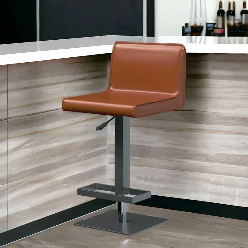 Orange and Black Faux Leather and Metal Low Back Adjustable Height Bar Chair